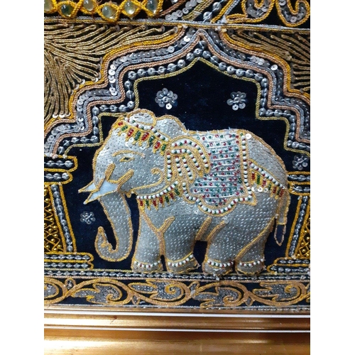 507 - A super large Thai embroidered picture of elephants with royal figures on a black velvet background,... 