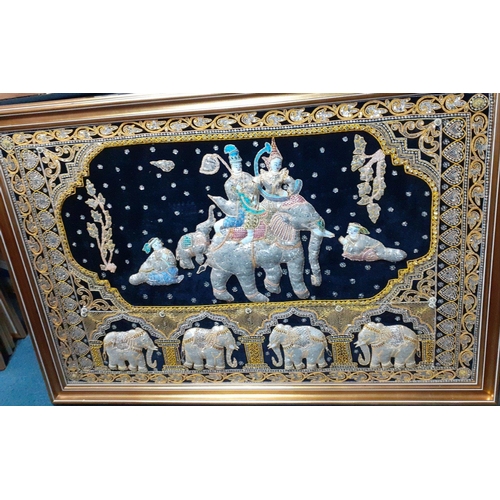 507 - A super large Thai embroidered picture of elephants with royal figures on a black velvet background,... 