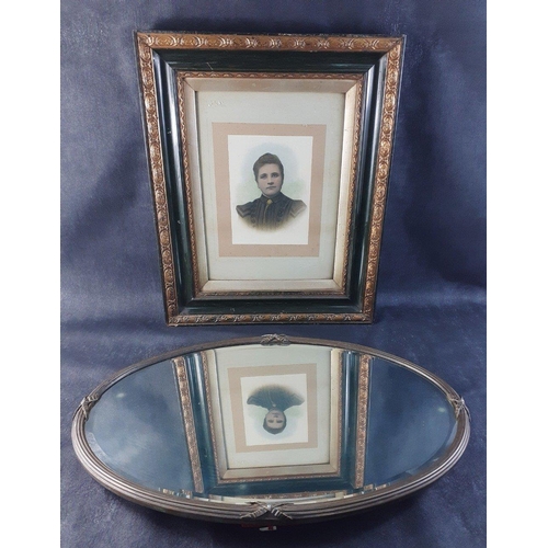 522 - A beautiful glazed frame of forest green with 2 surrounds of carved gilt 54x43cm containing a colour... 