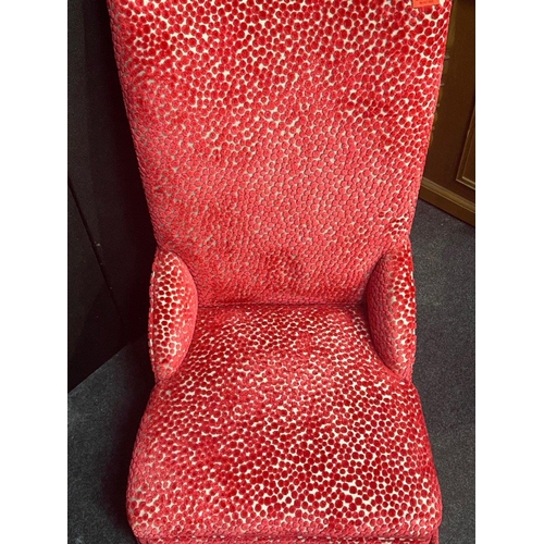 565B - CLASSIC red upholstered chair and matching footstool. Recently recovered#567