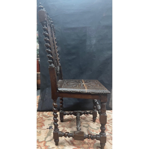 580A - An ANTIQUE SCOTTISH JACOBEAN inspired handcarved oak chair with barley-twist and carved fruits seat-... 