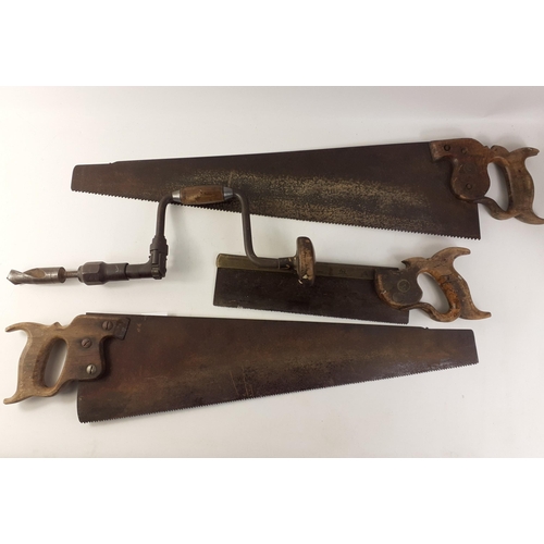 635 - Three lovely antique saws to include an ALEX MATHIESON & SONS GLASGOW 65cm, an unmarked 61cm saw... 