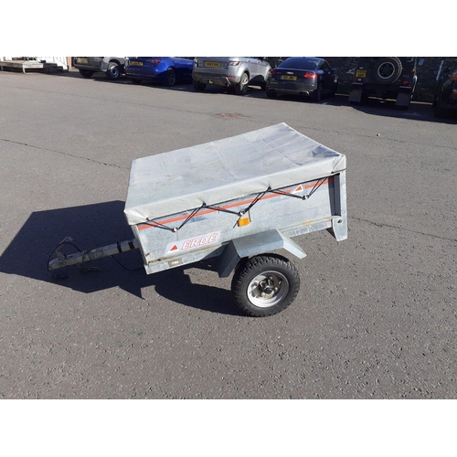 639 - A small ERDE car trailer complete with tow, hitch and cover. 110cm long by 90cm wide.#643