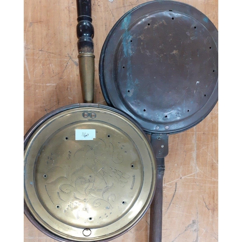 644 - Winter is coming - keep the chills out with these two vintage wooden-handled warming pans, one brass... 