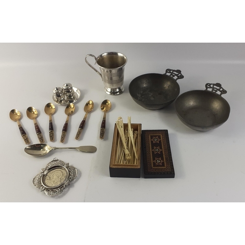 650 - A mixed lot comprising two single handle English Pewter Quaichs, an inlaid box with a quantity of bo... 