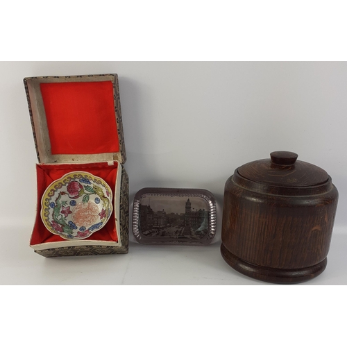 659 - An antique CLIFTON wood tobacco jar with ceramic liner 11cm tall approx, A paperweight of Edinburgh ... 