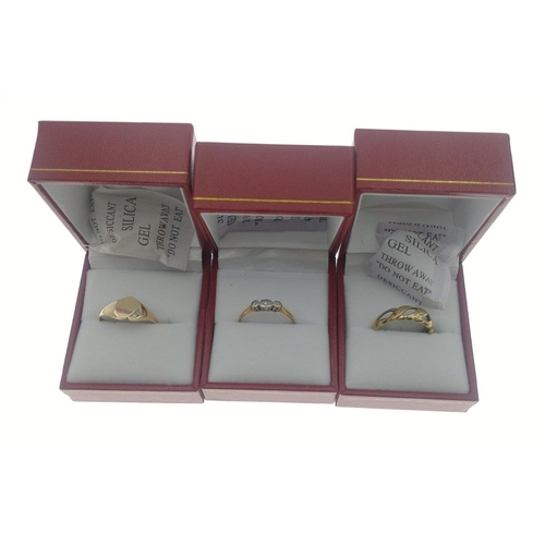 7 - Three rings.  One with three small diamond chips and marked 18ct Plat size N 1.3g approx, one yellow... 