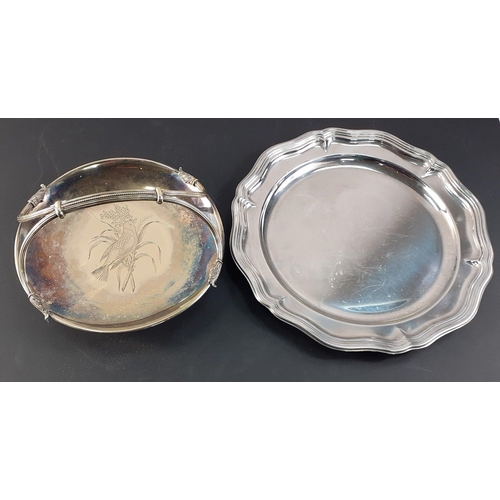 76 - An EPNS silver plated salver 33cm approx and a lovely silver plated handled basket with inscribed bi... 