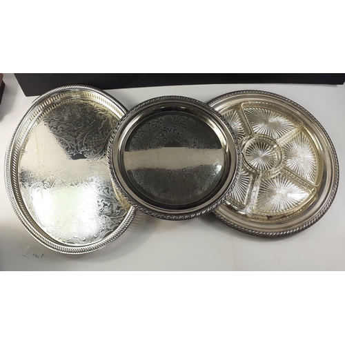 78 - Three pieces of silver plate to include a tray 37cm dia with 6 glass hors d'oeuvres segments, an ova... 