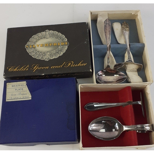 83 - Two boxed silver plated child's Christening gift sets with pushers and spoons.  Attractive items sti... 