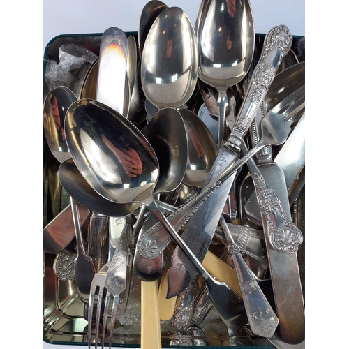 90 - A tin of vintage EPNS silver plated flatware comprising spoons, knives and forks.  A good useable lo... 