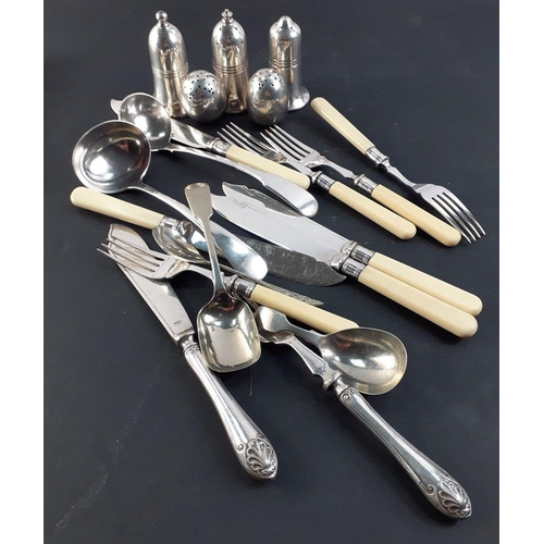 91 - Three white metal sauce ladles including one by WALKER & HALL plus 4 each of EPNS fish forks and... 