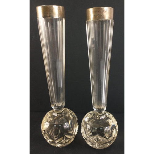 130 - A pair of EXQUISITE heavyweight glass bud vases with hallmarked SILVER collars, Birmingham 1900, sta... 