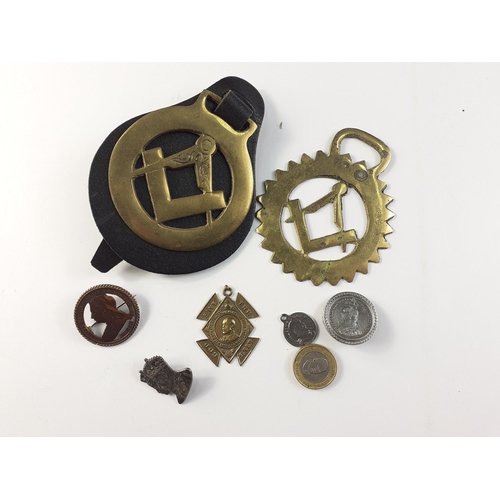 166 - Two ANTIQUE MASONIC horse brasses and a small collection of buttons and badges including cut and bro... 