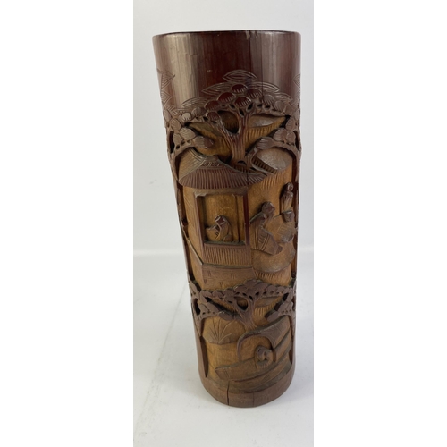 236 - A vintage Oriental bamboo carved brush pot with lovely deep carving. 32cm tall and in excellent cond... 