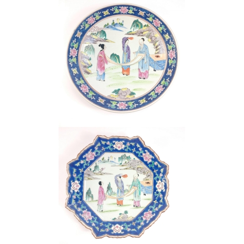 237 - A large vintage Oriental charger with lovely colourful art work. Appears to be a scene of artists fo... 