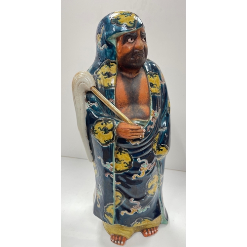 240 - Large and impressive glazed JAPANESE KUTANI Oriental figure of Buddha HOTEI with gilded fly whisk.  ... 