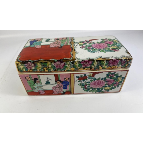 241 - A vintage Oriental hand-painted famille rose style ceramic lidded box with traditional Chinese scene... 