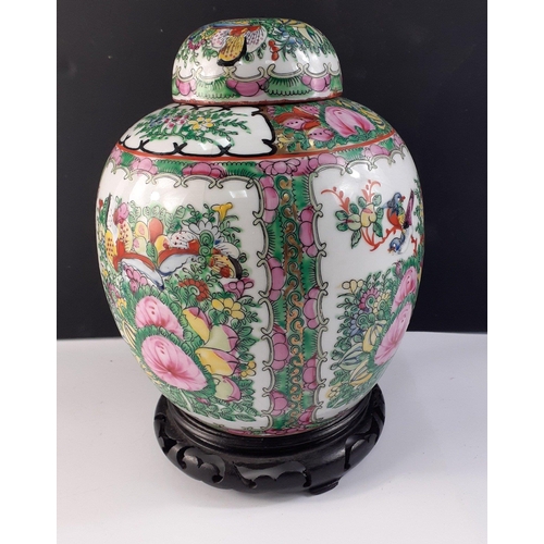 273 - A lovely Oriental GINGER JAR on wooden plinth with well-executed floral and bird decoration. 24cm ta... 