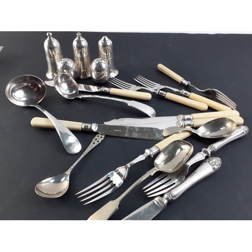 91 - Three white metal sauce ladles including one by WALKER & HALL plus 4 each of EPNS fish forks and... 