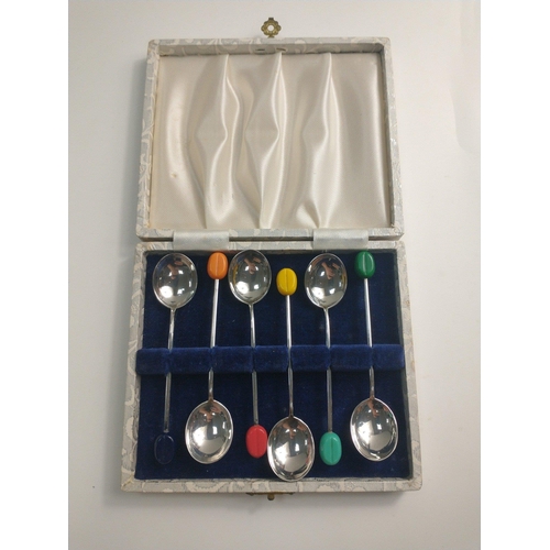 94 - A boxed set of six SILVER hallmarked, Sheffield 1958, coffee spoons with Harlequin coffee bean finia... 