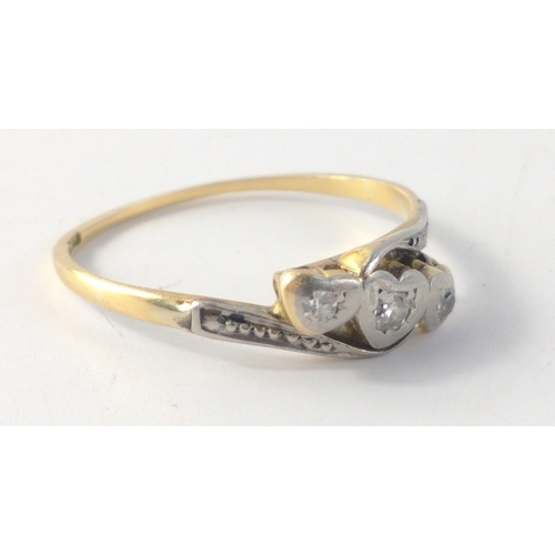 10 - A ring stamped 9ct with heart-shaped centre set with 3 clear stones, size O, gross weight 2g approx#... 