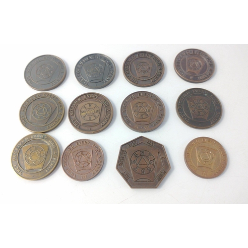 159 - MASONIC TOKENS x 12 to include Lodges 1513, 551, 248, 1808, 374 and others.#158