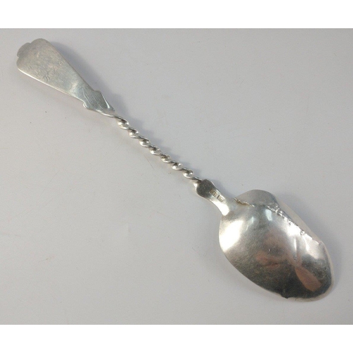 79 - An antique silver spoon with twisted stem and inscription dated 26/12/81.  Possible hallmark 