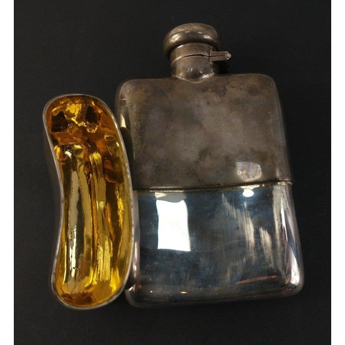 81 - A silver Birmingham 1923, hip flask hallmarked on base, shoulder and lid with gilt interior, length ... 