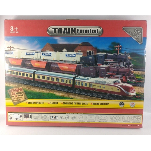 184 - A complete boxed FENFA Familial train set with over 325cm of train and a small CLASSIC TRAIN play se... 