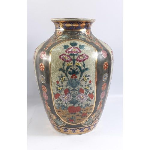 376 - A large old Oriental crackleware vase with peonies and anemones with gilt highlights, stands approx ... 