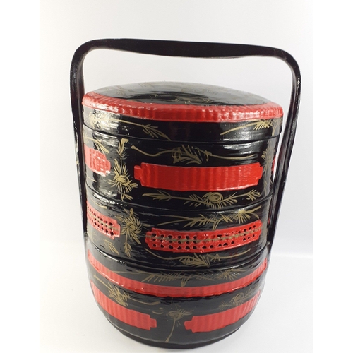 386 - A vintage Chinese Peranakan 3 tier WEDDING BASKET heavily hand-painted black lacquer red bamboo with... 