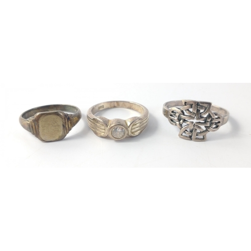 55 - Three rings, one 9ct on silver signet ring, size P weight 3.30g approx, a 925 stamped ring set with ... 