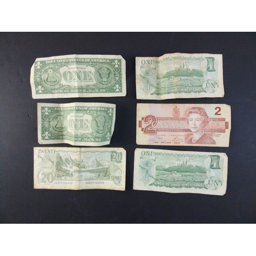 76 - A super little lot of older banknotes to include Canadian and US Dollars.  All with wear.#77