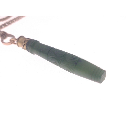 8 - A jade pendant 5cm long with a carved face with 9c chain approx 90cm, weight approx 26g. Total  gros... 