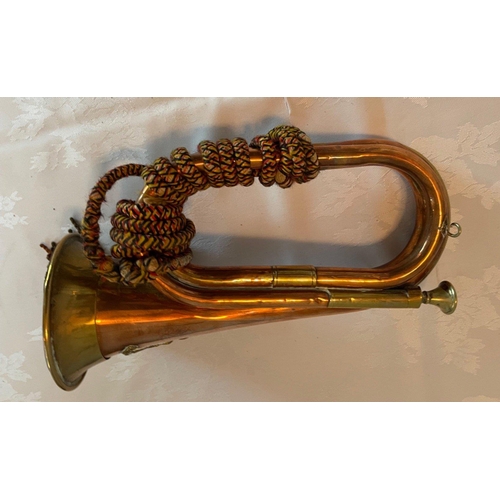 101 - Military ANTIQUE copper and brass BUGLE with tassel and ROYAL ARTILLERY brass regimental plate - it ... 