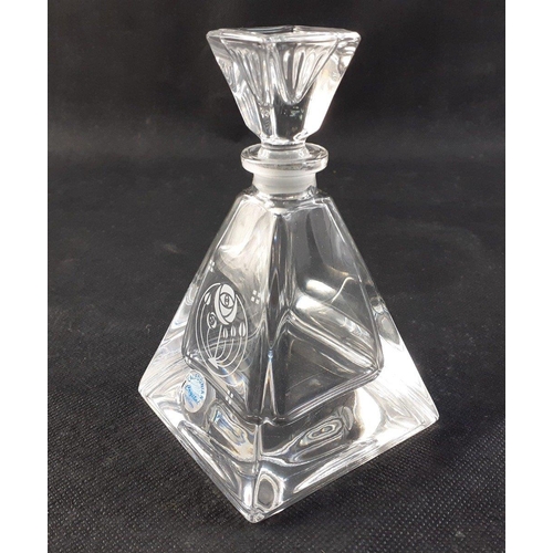 265 - An unusual CALEDONIAN CRYSTAL pyramid shaped perfume bottle with Rennie Mackintosh-style rose engrav... 