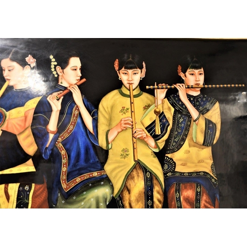 144 - A fine detailed original painting of Chinese musicians which has been painted on to a ceramic plate.... 