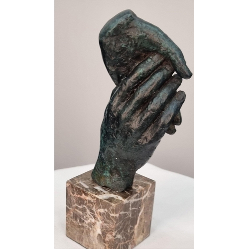 154 - Bronze casting of hands with a verdigris finish on solid marble base. H: 22cm  W: 9cm  D: 6cm#154... 