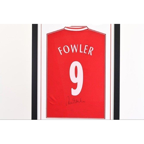 165 - A framed Liverpool shirt which has been personally signed by ROBBIE FOWLER. NOTE: this item will be ... 