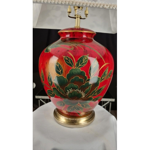 175 - A porcelain red lacquered lamp with bird and flower hand painted detail. Display shade shown supplie... 