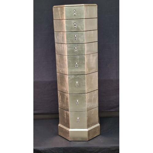 178 - A stunning 8 drawer silver leaf style hand made pedestal with felt lined drawers.. H: 109cm  W: 35cm... 