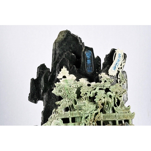 180 - An original high quality hand carved Chinese Jade Carving of a temple scene with intricate work thro... 