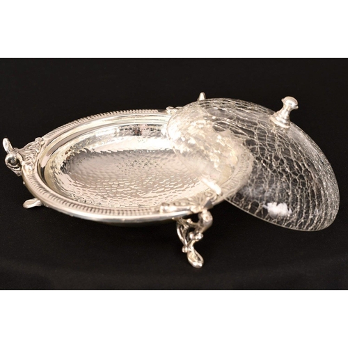 187 - This very fine metal bowl is finely detailed with a crackle finished glass lid.. H: 14cm  W: 28cm  D... 