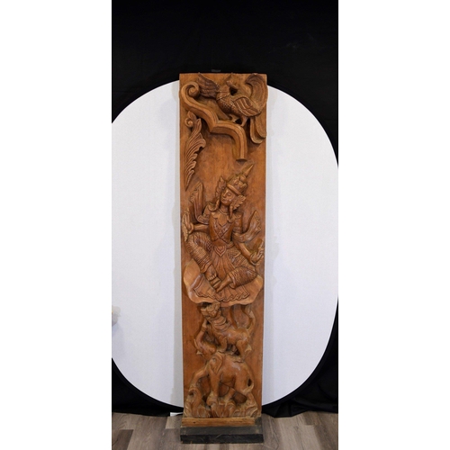 194 - An original hand carved large teak wood panel depicting a goddess with animals Origin Thailand Circa... 