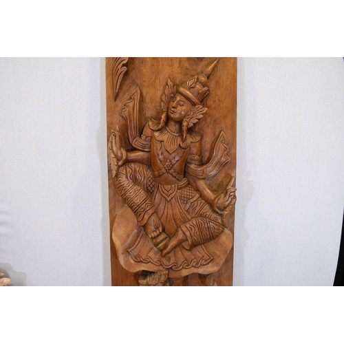 194 - An original hand carved large teak wood panel depicting a goddess with animals Origin Thailand Circa... 