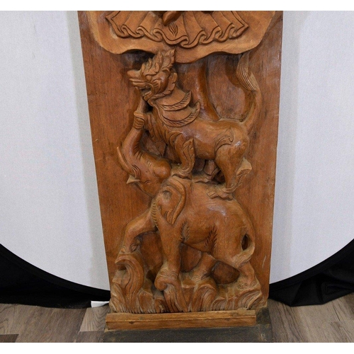 194 - An original hand carved large teak wood panel depicting a goddess with animals Origin Thailand Circa... 