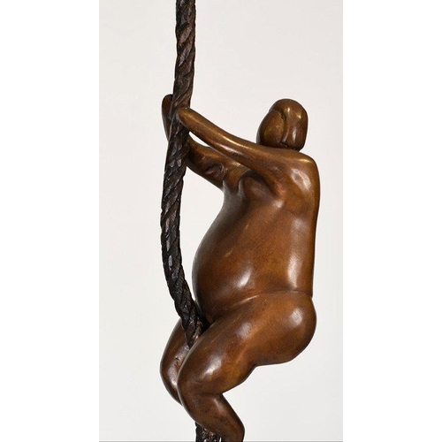 198 - A fabulous modern design of two climbing art figures on rope. Cast in bronze on a solid black marble... 