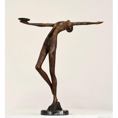 2 - This heavy modern minimalist sculpture has been cast from bronze and sits on a black marble base sta... 