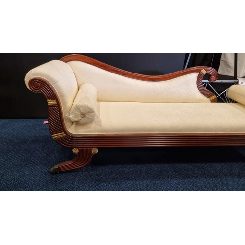 204 - A beautifully upholstered hand made solid rosewood chaise longue. Complete with 2 bolster cushions. ... 